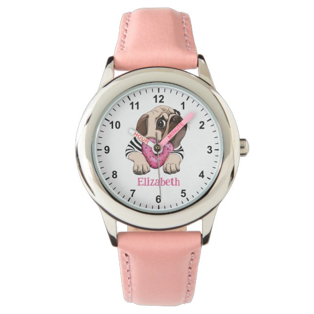 Cute Baby Pug with Pink Heart Doughnut Girl's Firs Watch (Front)