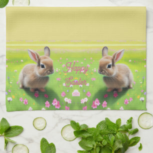 Cute baby rabbit in a flower meadow, easter    tea towel