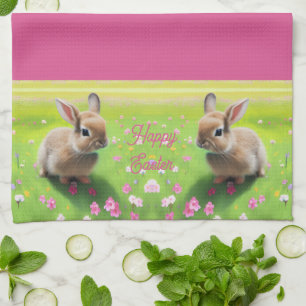 Cute baby rabbit in a flower meadow, easter tea towel