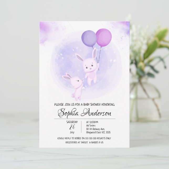 Cute Baby Rabbits with Balloons Girl's Baby Shower Invitation (Standing Front)