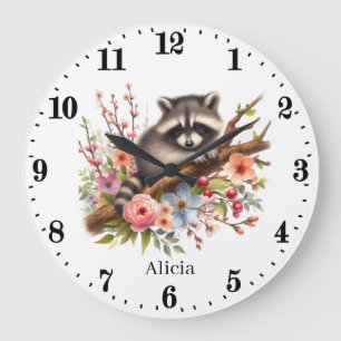 Cute baby raccoon add name girls nursery large clock