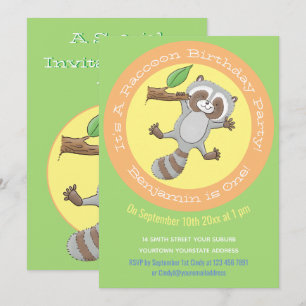 Cute baby racoon cartoon illustration 1 year invitation