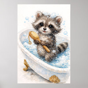 Cute Baby Racoon in Bubble Bath Poster