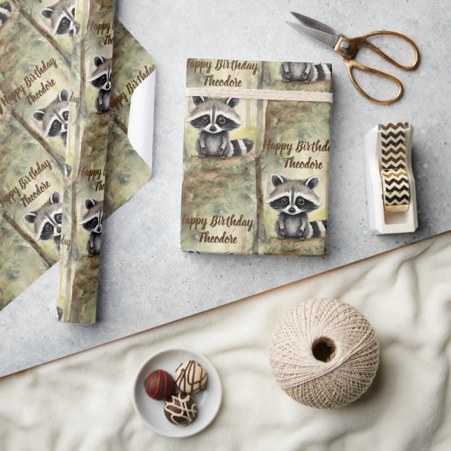 Cute Baby Racoon Personalised Birthday Wrapping Paper (Crafts)