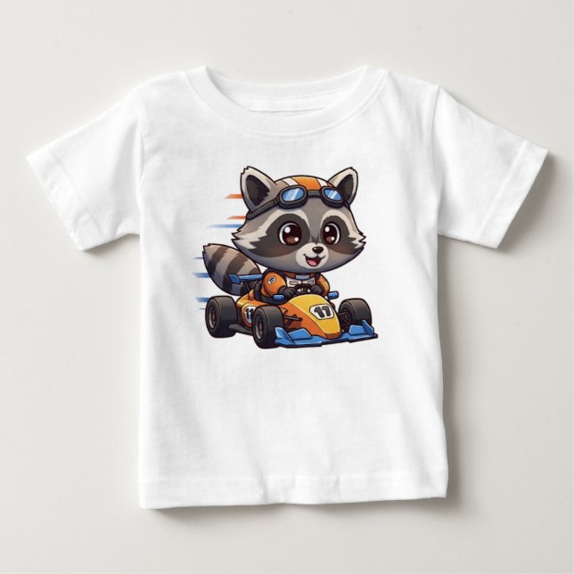 Cute Baby Racoon Race Car Driver T-Shirt (Front)
