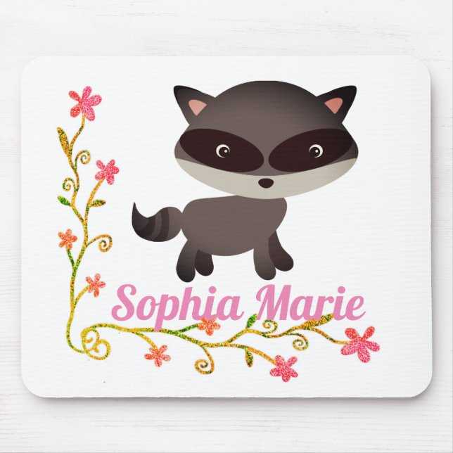 Cute Baby Racoon with Flowers Mouse Pad (Front)
