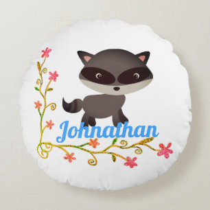Cute Baby Racoon with Flowers Round Cushion