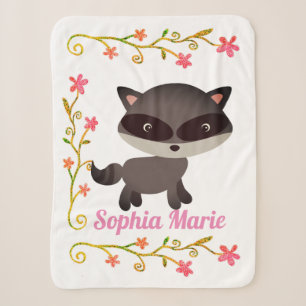 Cute Baby Racoon with Flowers Sherpa Blanket