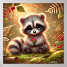 Cute Baby Racoon with Red Berries – Woodland Fore