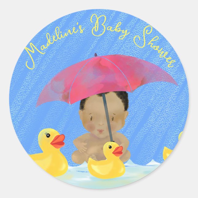 Cute Baby Rain Rubber Ducky’s Umbrella Baby Shower Classic Round Sticker (Front)