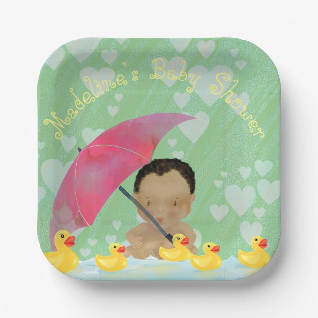 Cute Baby Rain Rubber Ducky’s Umbrella Baby Shower Paper Plate (Front)