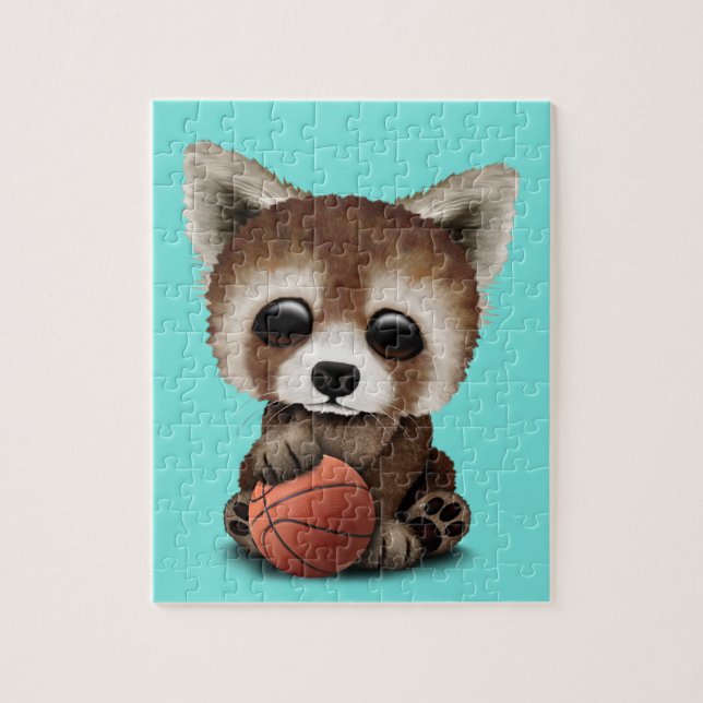 Cute Baby Red Panda Playing With Basketball Jigsaw Puzzle (Vertical)