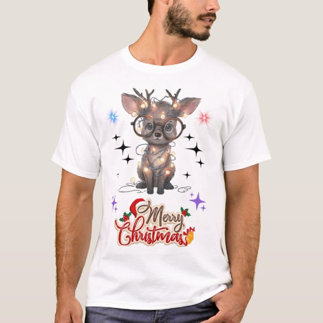 Cute Baby Reindeer Wishing You a Merry Christmas! T-Shirt (Front)
