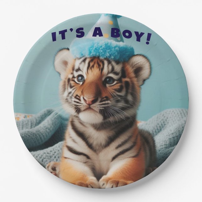 Cute Baby Reveal Boy Blue Baby Tiger Paper Plate (Front)