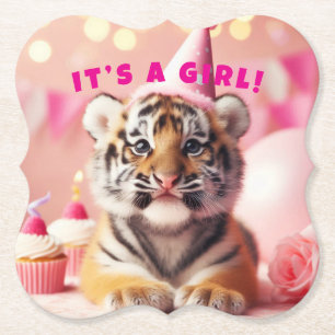 Cute Baby Reveal Girl Pink Baby Tiger Paper Coaster