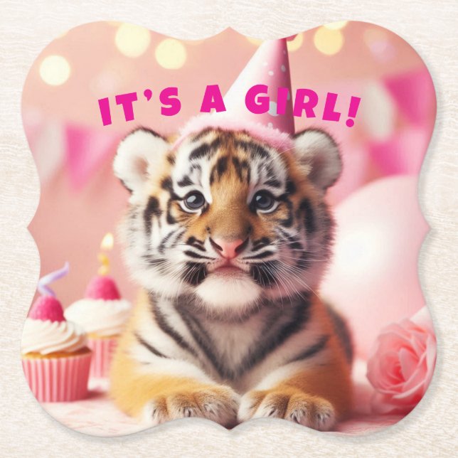 Cute Baby Reveal Girl Pink Baby Tiger Paper Coaster (Front)