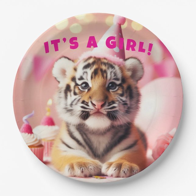 Cute Baby Reveal Girl Pink Baby Tiger Paper Plate (Front)