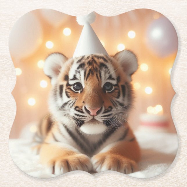 Cute Baby Reveal Neutral Yellow Baby Tiger Paper Coaster (Front)