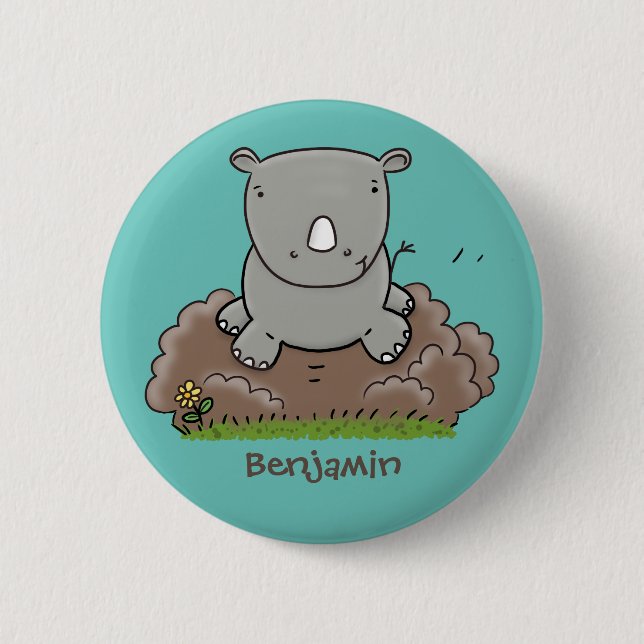 Cute baby rhino cartoon illustration 6 cm round badge (Front)