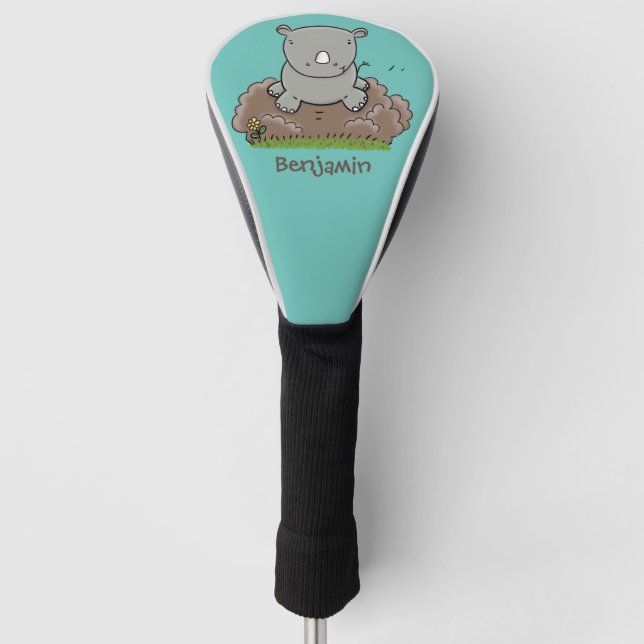 Cute baby rhino cartoon illustration golf head cover (Front)