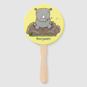 Cute baby rhino cartoon illustration hand fan