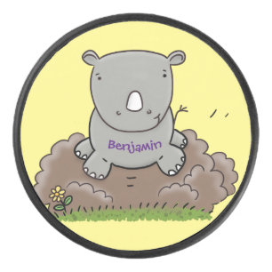 Cute baby rhino cartoon illustration hockey puck
