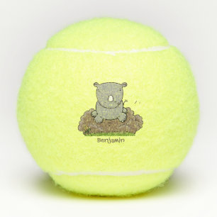 Cute baby rhino cartoon illustration tennis balls