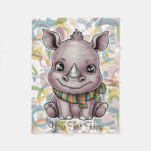 Cute Baby Rhino Cartoon Personalise Name Fleece Blanket