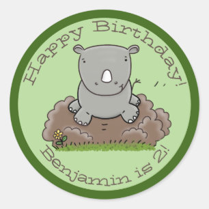 Cute baby rhino green cartoon illustration classic round sticker