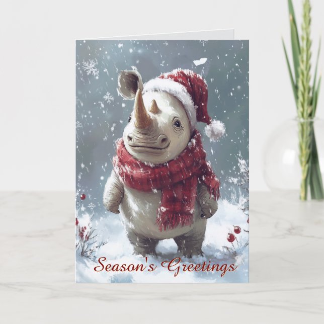 Cute Baby Rhino in the Snow Christmas Card (Front)