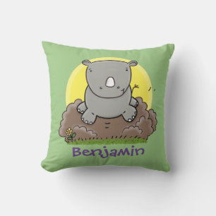 Cute baby rhino running green cartoon illustration cushion