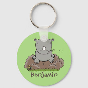 Cute baby rhino running green cartoon illustration key ring