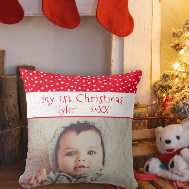 Cute Baby`s 1`st Christmas Red Stars Photo Baby  Cushion (Creator Uploaded)