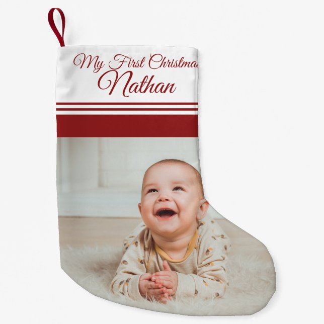 Cute Baby`s First Christmas Photo Name Small Christmas Stocking (Front)