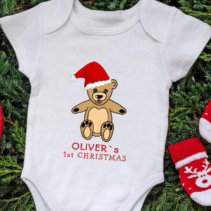 Cute Baby`s First Christmas Teddy Bear Santa Hat Baby Bodysuit