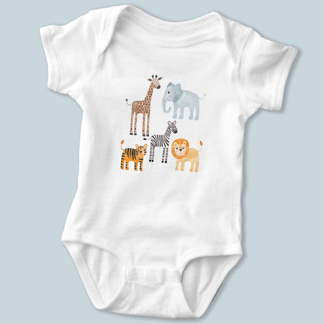 Cute Baby Safari Animal Watercolor Baby Bodysuit (Cute safari baby animals, lion tiger zebra elephant giraffe patterned baby body suit)