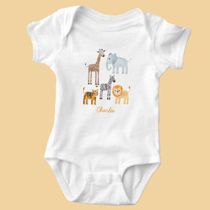 Cute Baby Safari Animal Watercolor Custom Name Baby Bodysuit
