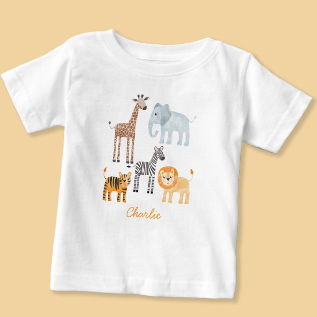 Cute Baby Safari Animal Watercolor Custom Name T-Shirt (Fun cute watercolor baby safari animals baby t-shirt)