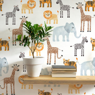 Cute Baby Safari Animal Watercolor Pattern Wallpaper
