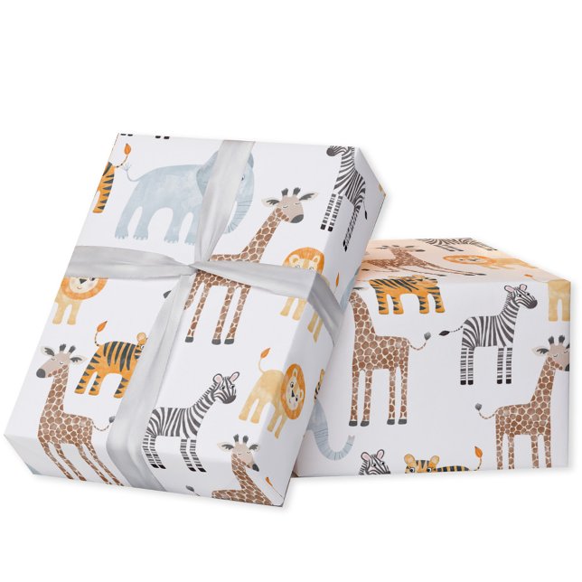 Cute Baby Safari Animal Watercolor Pattern Wrapping Paper (Cute watercolor Safari Animals baby lion, giraffe  & elephant gift wrapping paper roll)