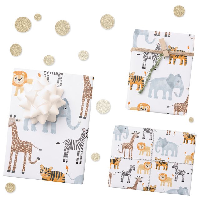Cute Baby Safari Animal Watercolor Pattern Wrapping Paper Sheet (Cute watercolor Safari Animals baby lion, giraffe  & elephant gift wrapping paper sheets)