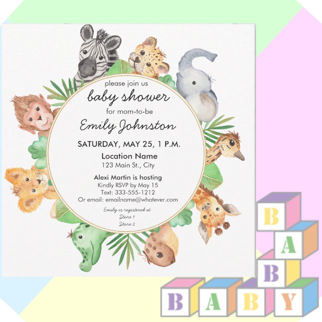 Cute Baby Safari Animals Square Baby Shower Invitation (Creator Uploaded)