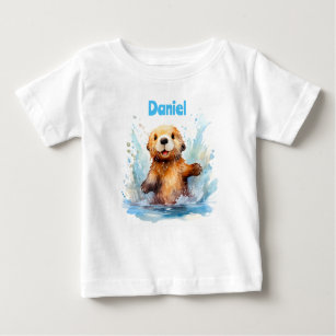 Cute Baby Sea Otter in Water Splashes Personalised Baby T-Shirt