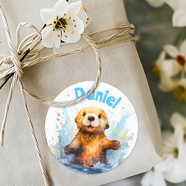 Cute Baby Sea Otter in Water Splashes Personalised Classic Round Sticker (Creator Uploaded)