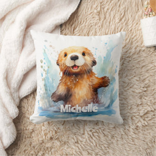 Cute Baby Sea Otter in Water Splashes Personalised Cushion
