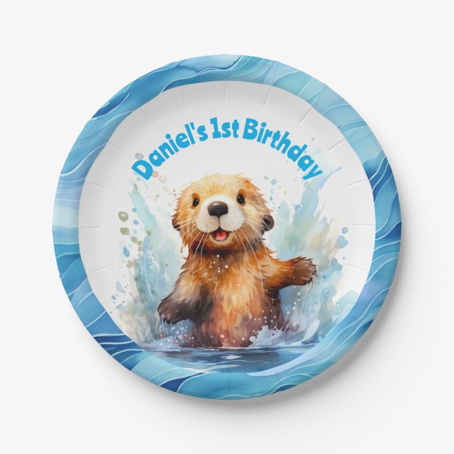 Cute Baby Sea Otter in Water Splashes Personalised Paper Plate (Front)