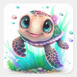 Cute Baby Sea Turtle Illustration – Adorable Ocean Square Sticker