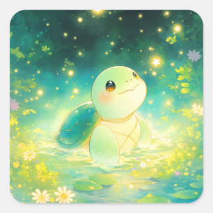 Cute Baby Sea Turtle in Magical Glowing Pond Square Sticker