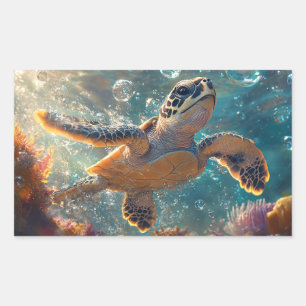 Cute Baby Sea Turtle with Bubbles Rectangular Sticker