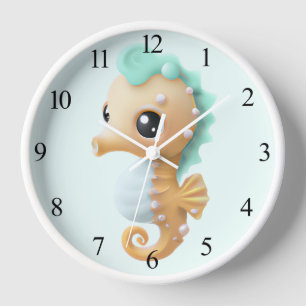 Cute baby seahorse in Teal and White     Clock